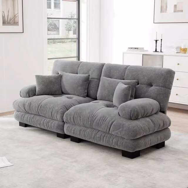 Divano angolare nuvola 2 posti in ciniglia grigio con struttura in legno massello, 220x77x81 cm, include 4 cuscini
