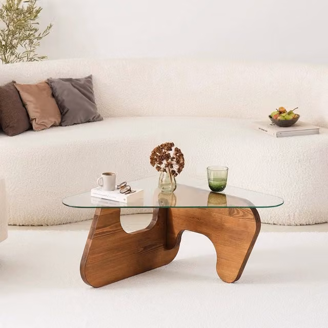 Tavolino da salotto DMORA Volpiano con piano in vetro trasparente e struttura in legno marrone, L 86 cm x P 66 cm x H 36 cm