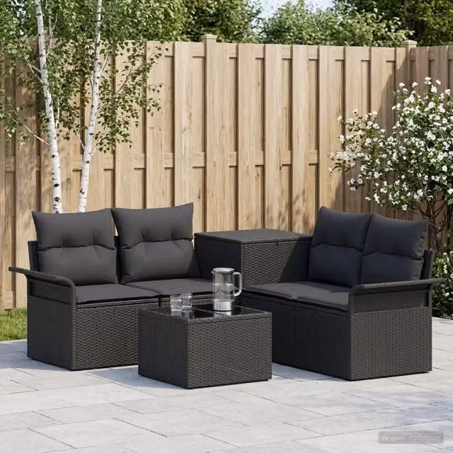 Set di divani 6 pz 4 posto Nero Rattan sintetico e Acciaio 3447064