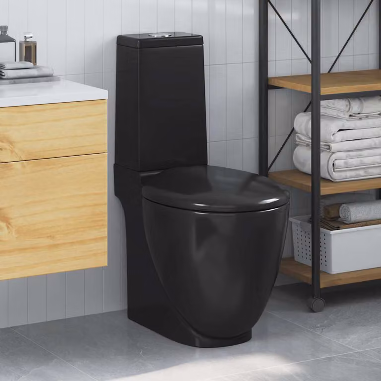vidaXL Vaso WC in Ceramica Rotondo con Base e Scarico Nero, H: 65,0 cm, L: 38,5 cm, P: 42,1 cm