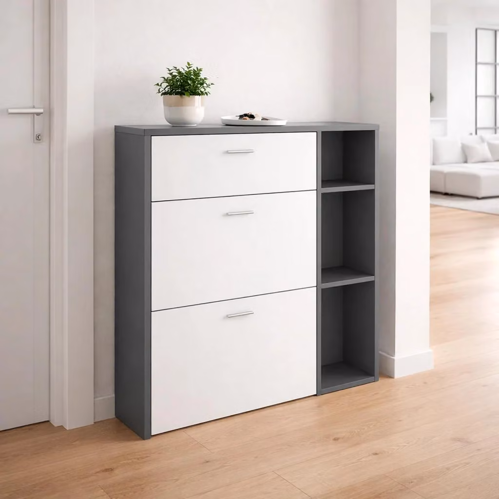 Mobile Scarpiera Salvaspazio Design Moderno con 2 Ribalte, 1 Cassetto e 3 Vani a Giorno, Bianco e Grigio, L: 90 cm, P: 26 cm, H: 101.5 cm – 2