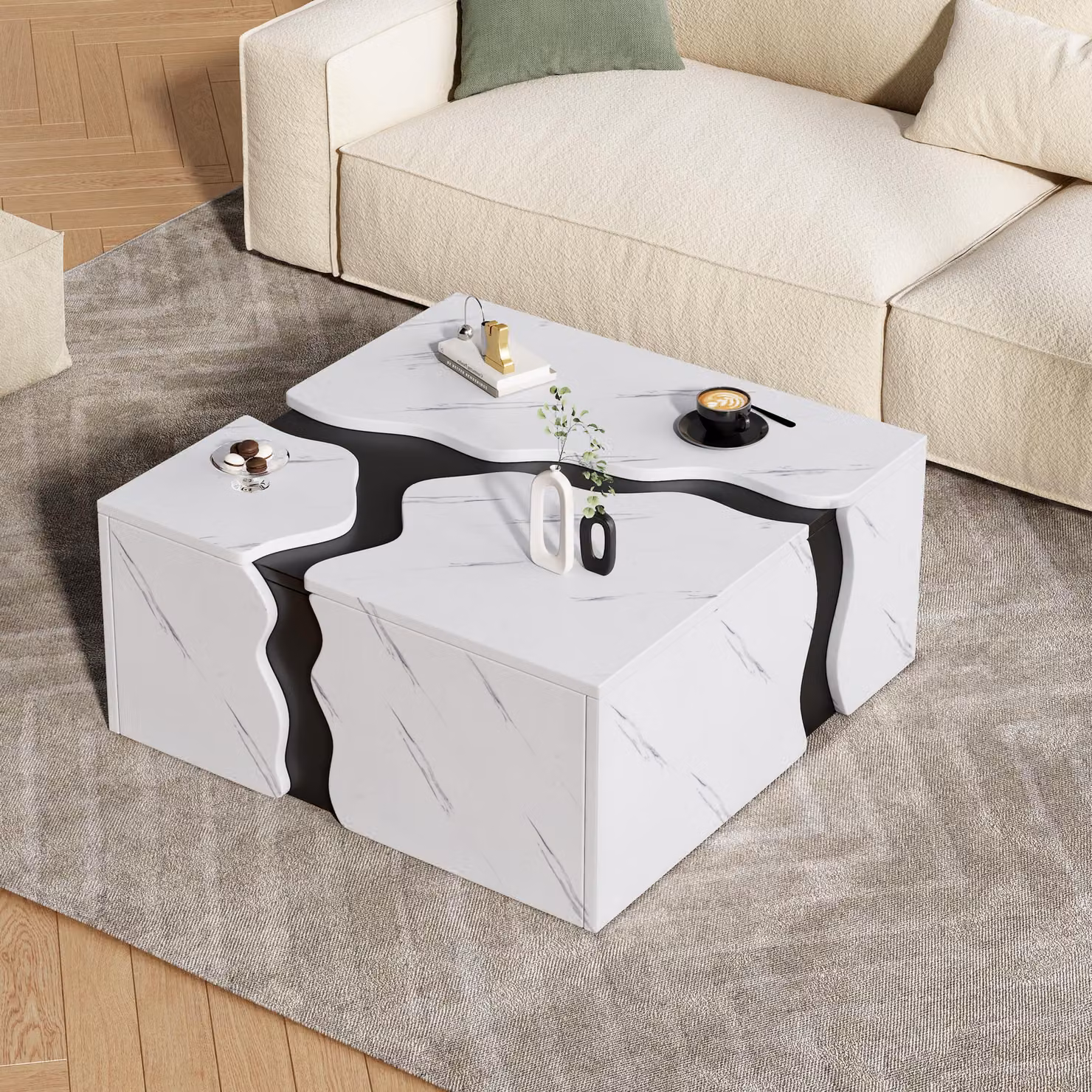 Tavolino da caffè, dimensioni 70 x 70 x 31 cm, realizzato in pannello di particelle di legno al 100%, colore bianco, superficie con effetto marmo, dotato di 1 cassetto, design geometrico a forma di cubo