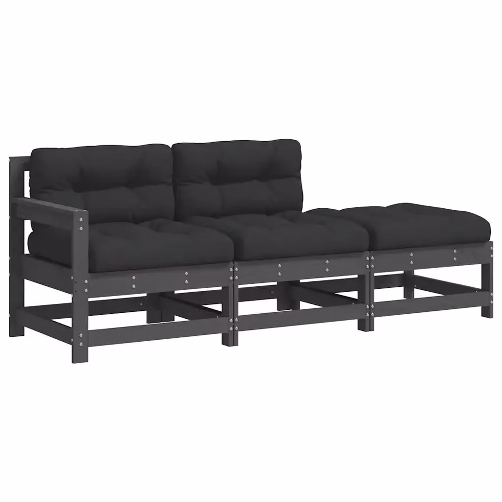 vidaXL Set Divani da Giardino a L in Legno Massello di Pino con Cuscini Grigio e Nero – 2