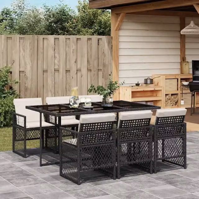 Set da Pranzo da Giardino 7 pz Nero con Cuscini in Polyrattan 3210726