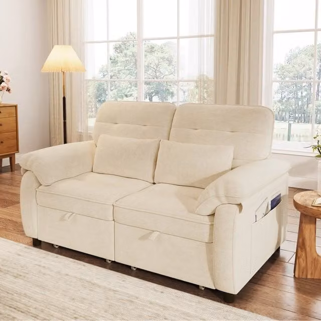 Divano letto 2 posti 142x90x86.5 cm 3 in 1 con schienale regolabile in ciniglia beige