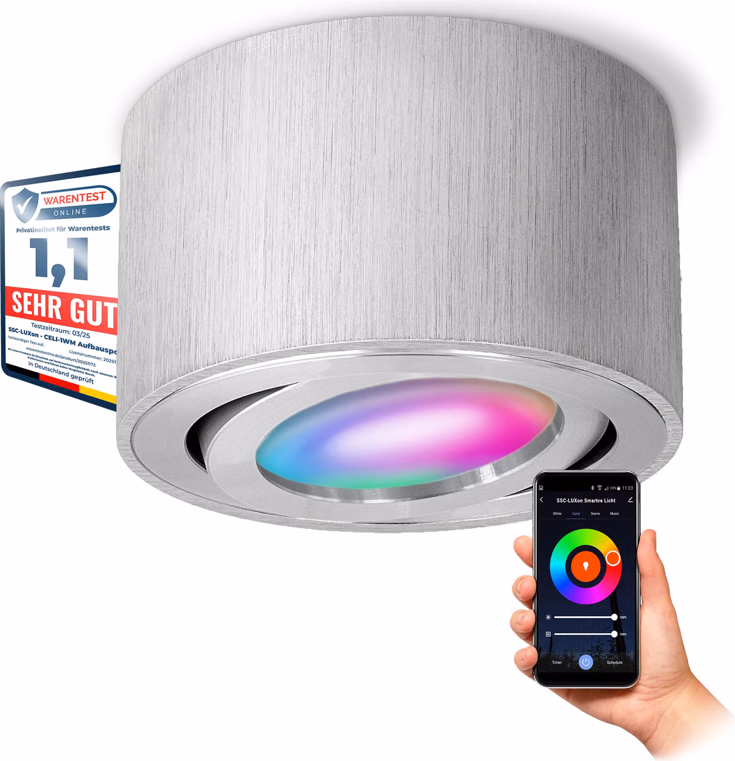 SSC-LUXon CELI-1A Faretto da superficie piatto orientabile spazzolato con illuminazione LED Smart RGB CCT - spot WLAN compatibile con Alexa, Siri e Google