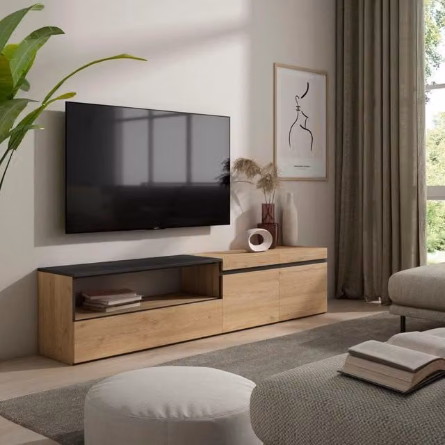 Mobile TV, 200x35x45cm, soggiorno, Per TV fino a 80", Mobile Soggiorno, colore Rovere e nero RF2142