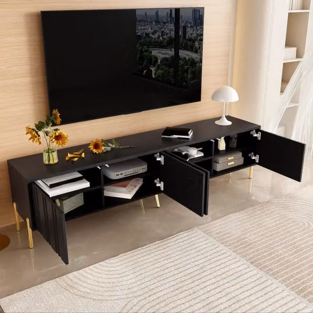 Mobile TV moderno WISHDOR nero con gambe dorate, L: 190 cm, P: 38 cm, H: 48 cm