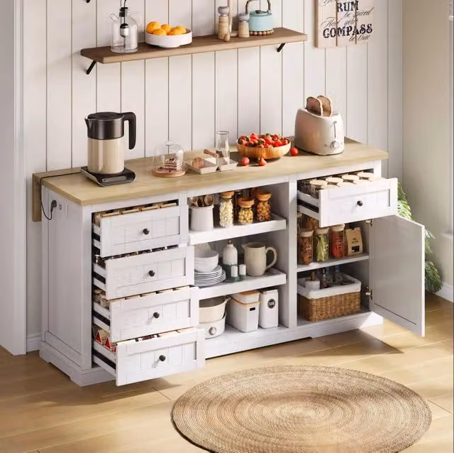 Isola da cucina con piano pieghevole, prese USB, 150x65x75,5 cm