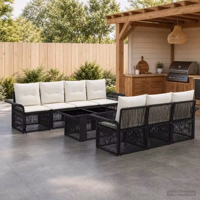 Set Divano da Giardino 8 pz Nero e Bianco Crema polyrattan 3436600