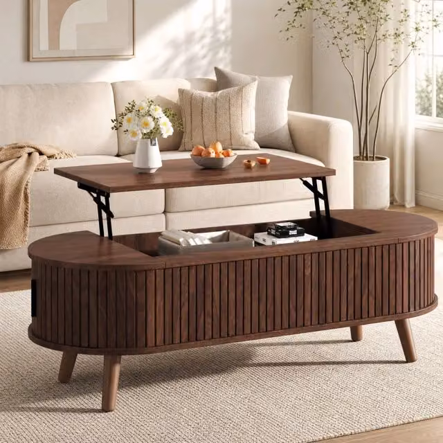 Tavolino basso alzabile con vano nascosto e 4 vani laterali in MDF color noce 120 × 50 × 39.5 cm