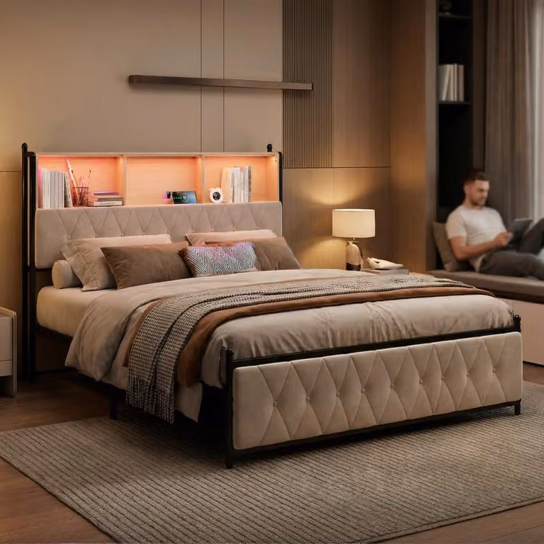 Letto matrimoniale ProximaX 140x200 cm, velluto beige, testiera con vano portaoggetti, illuminazione a LED RGB, 4 cassetti, porta di ricarica USB + Type-C