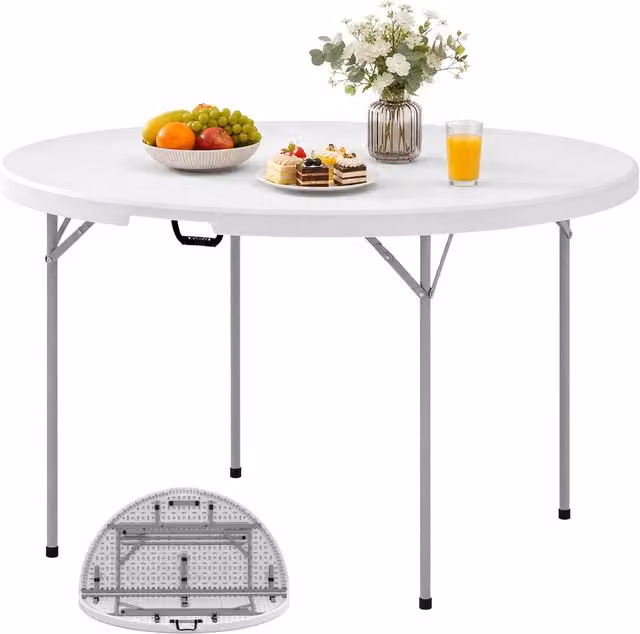 Tavolo da Campeggio Pieghevole Rotondo in Metallo e HDPE 120x120x74 cm Bianco, Regolabile e Robusto per Giardino ed Esterni