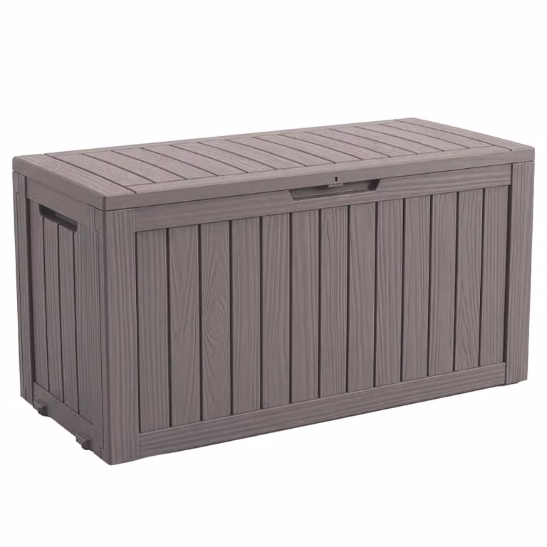 Floordirekt Box da giardino effetto legno resistente alle intemperie Box porta cuscini 270 L marrone Box porta cuscini per terrazza, balcone e giardino