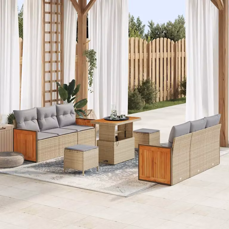 Set Divano da Giardino vidaXL 11 Pezzi con Tavolino e Ottoman, Colore Beige e Grigio, Struttura in Acciaio e Polyrattan per 8 Persone