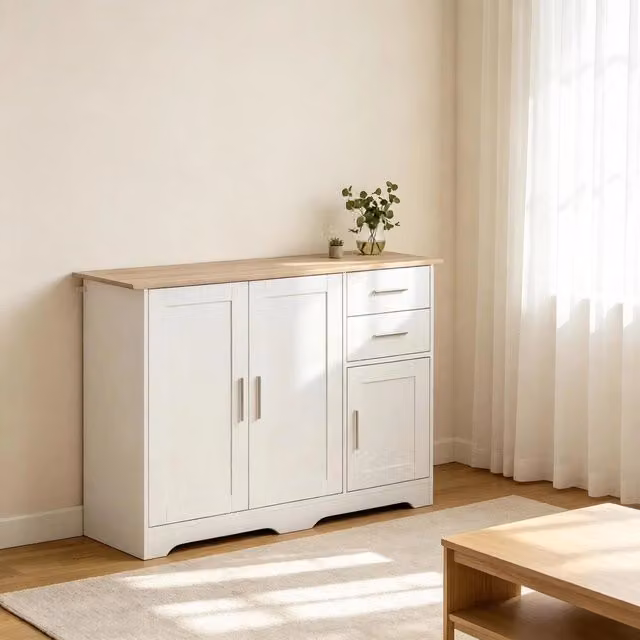 Credenza con 2 cassetti e 2 armadi, ripiano regolabile, per soggiorno e ingresso, bianco naturale, 100 × 40 × 78 cm