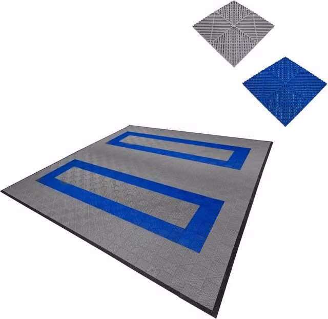 Piastrelle ventilate antiscivolo in plastica MONSTER SHOP grigie e blu per garage e officine – 1