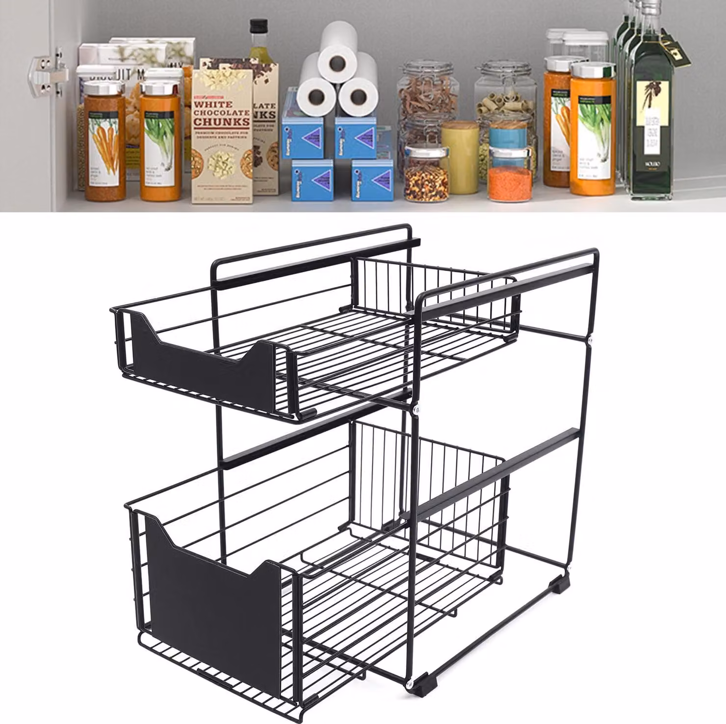 Scaffale portaoggetti - a 2 ripiani sotto il lavello - indipendente - telaio Acciaio al carbonio - ripiani in PP - verniciato a polvere - nero