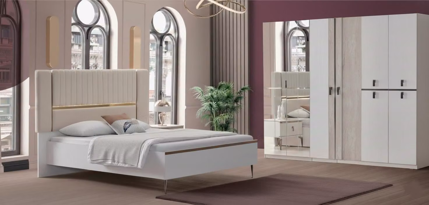 Camera da letto lussuosa, color beige, con letto matrimoniale e armadio guardaroba di design