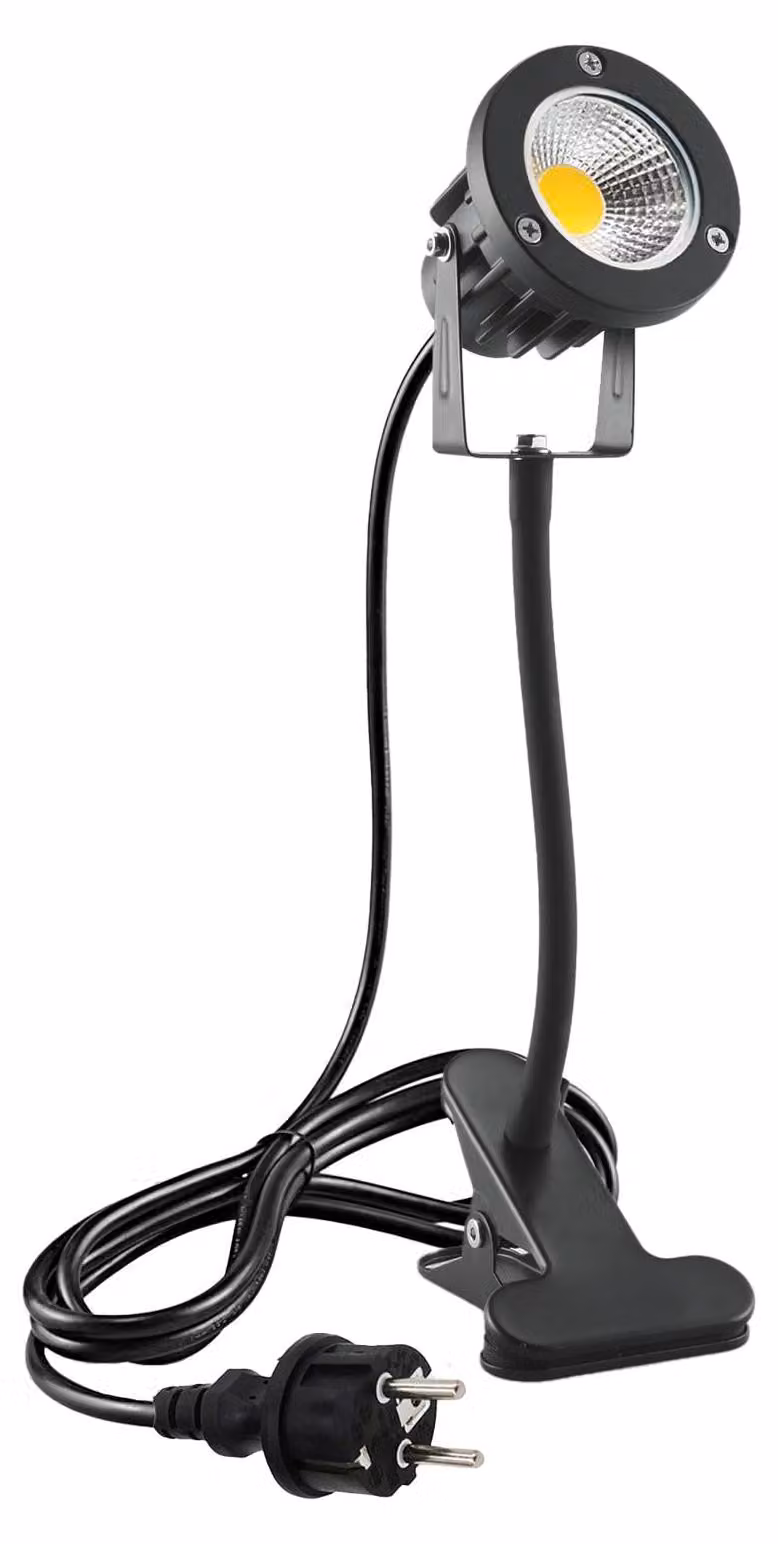 Fareto a LED da 7 W con morsetto, cavo da 2 metri, grado di protezione IP65, luce bianco caldo