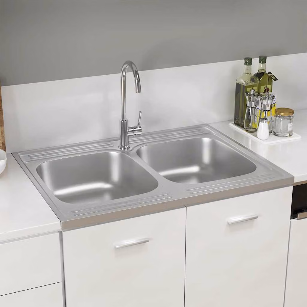 Lavello da cucina a doppia vasca vidaXL in acciaio inox color argento L: 80 cm, P: 60 cm, H: 15,5 cm