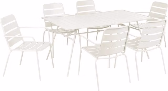 Set da pranzo da giardino per 6 persone con tavolo in ferro con foro centrale e sedie zincate e verniciate a polvere, colore beige