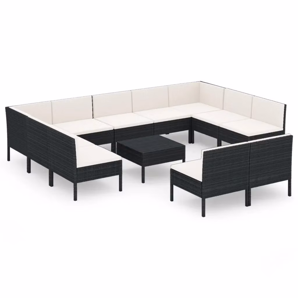 Set di Divani da Giardino a Forma di U con Tavolino vidaXL, Colore Nero e Bianco, con Cuscini Inclusi e Struttura in Metallo e Polyrattan – 2