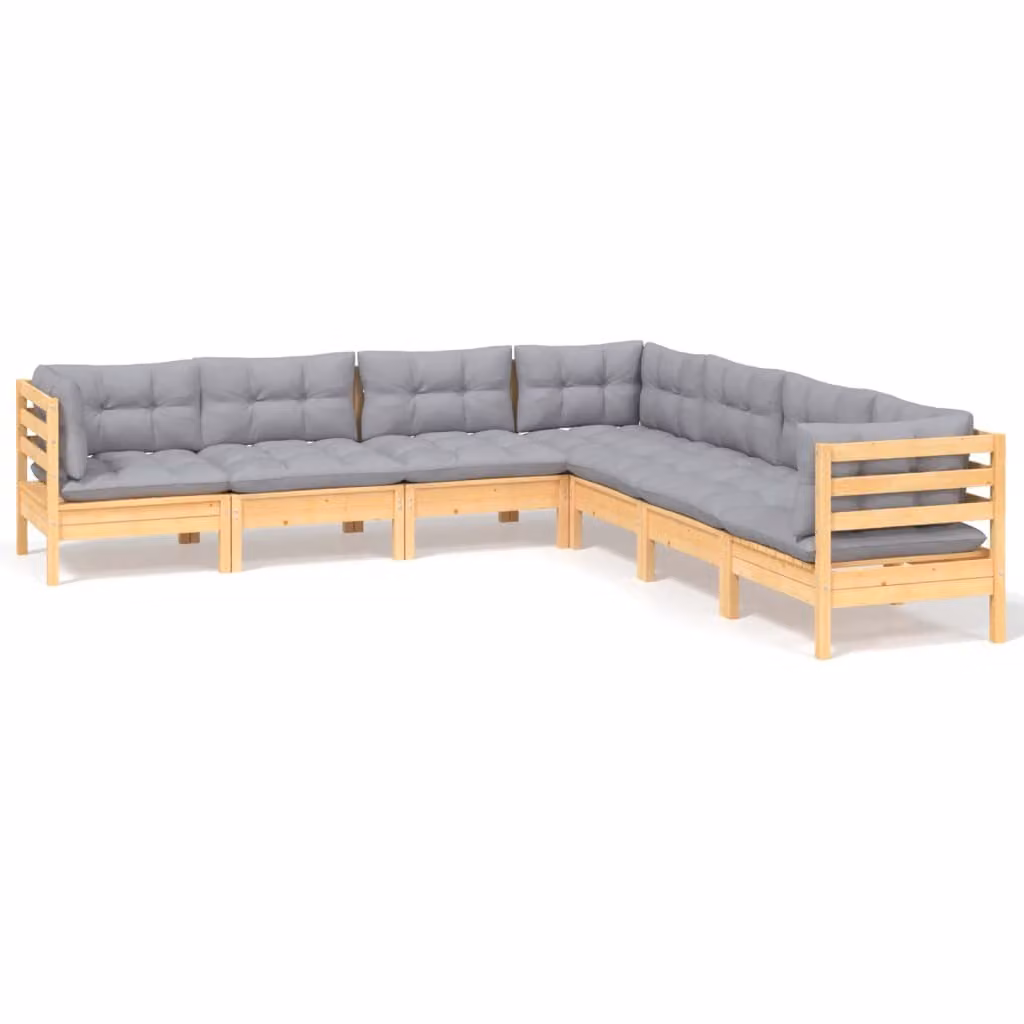 Set Divani da Giardino 7 pz con Cuscini Grigi Massello di Pino
