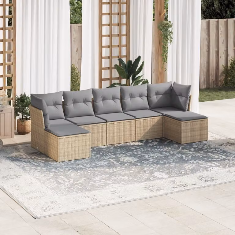 vidaXL Set Divani da Giardino 7 pz a Forma a L con Cuscini Beige e Grigio in Polyrattan e Acciaio