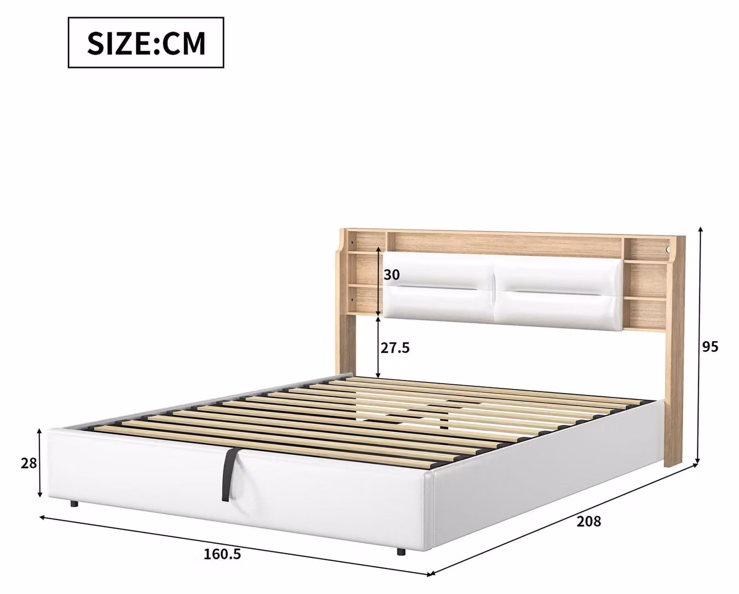 Letto imbottito - 160 x 200 cm - Struttura del letto con sistema di sollevamento idraulico - Testiera illuminata a LED - Spazio contenitore - Retino a listelli - Bianco