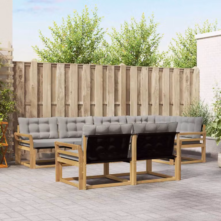 vidaXL Set di divani da esterno a forma di U composto da 7 pezzi in legno di acacia con cuscini bianchi e grigi