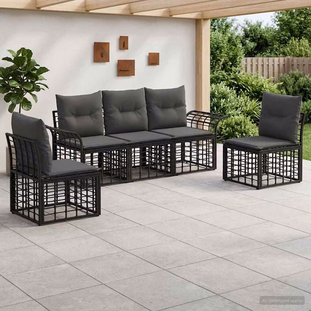 vidaXL Set di divani da esterno a forma di L composto da 5 pezzi, Nero e Grigio, con struttura in metallo e cuscini inclusi