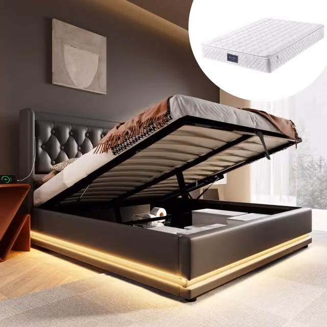 Desviae Letto Contenitore 160 × 200 cm 2 posti con USB, Type-C e LED 3 lati, con materasso, PU, nero