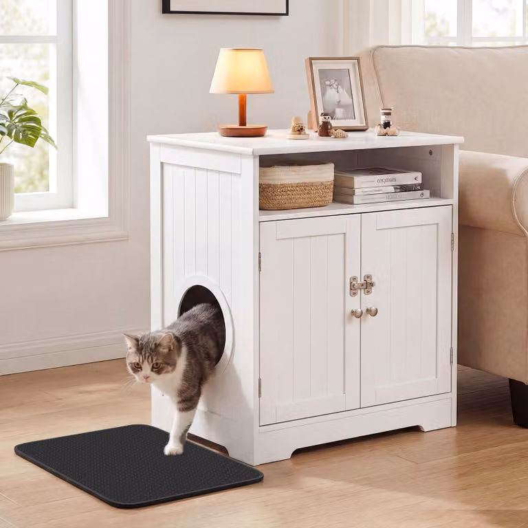 Costway Mobile Recinto per Lettiera per Gatti in Legno Bianco con Tappetino e Scomparto Portaoggetti per Soggiorno o Ingresso