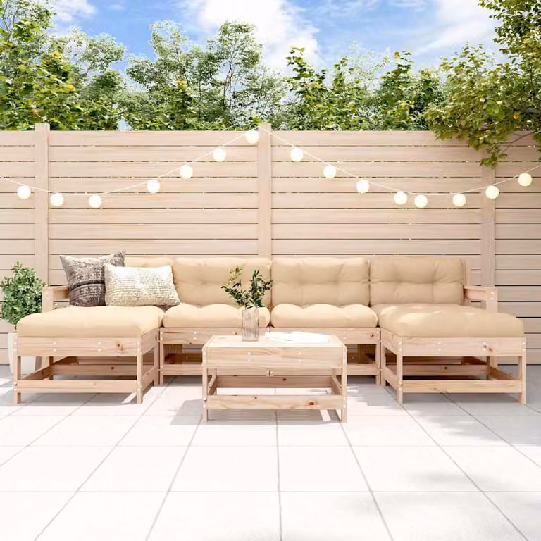 Set Salotto da Giardino vidaXL in Legno di Pino con Cuscini Beige e Marrone, 7 Pezzi, Design a L con Elementi Angolari e Ottoman