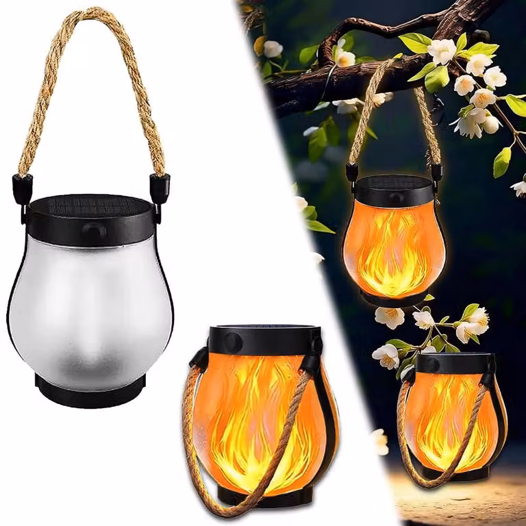 Lampada da giardino solare, set da 2, effetto fiamma, grado di protezione IP65, colore nero, dimensioni 12x12x13 cm