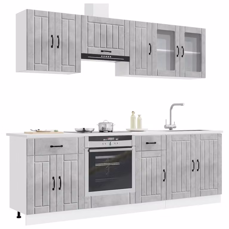 Set di mobili da cucina moderno vidaXL Lucca composto da 8 pezzi in colore grigio con ante in vetro e finitura opaca