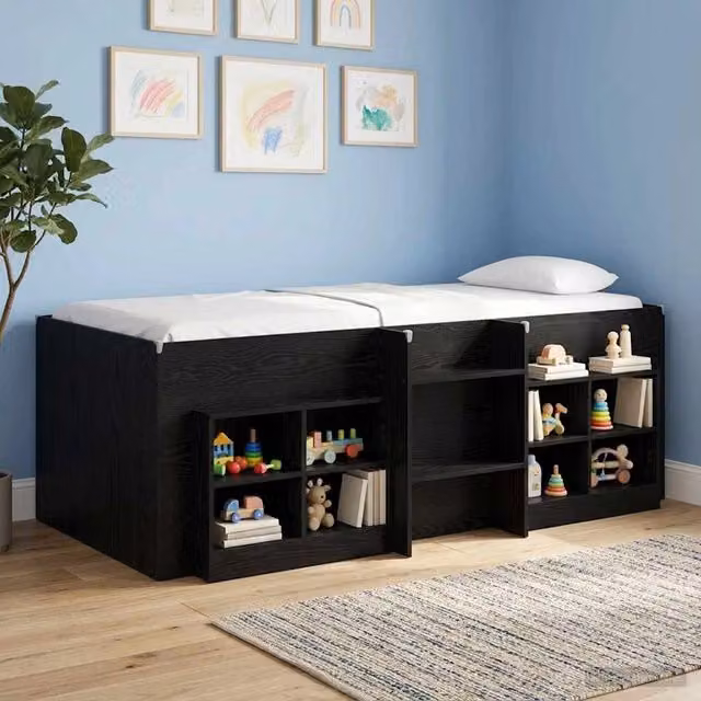 Letto singolo rialzato per bambini vidaXL in legno nero con scomparti laterali L: 120 cm, P: 193 cm, H: 180 cm – 1