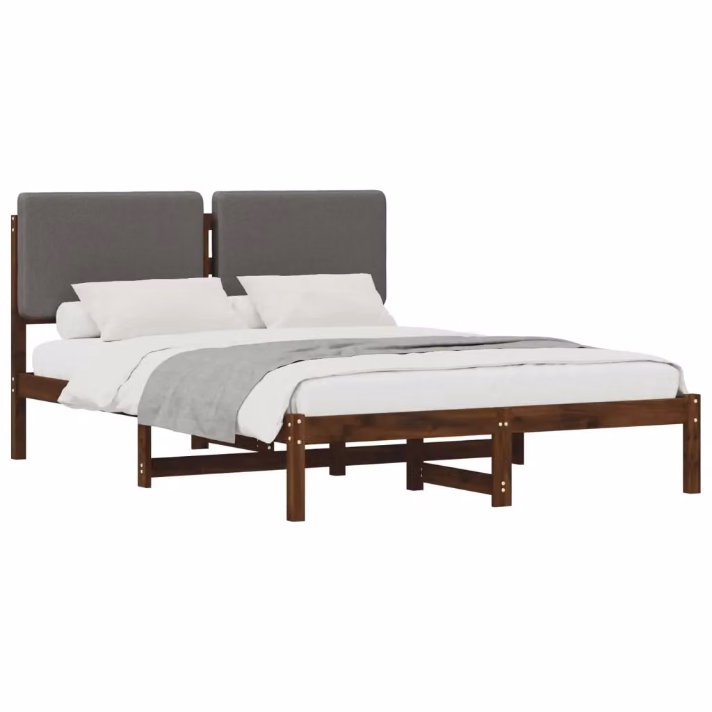 Letto moderno vidaXL con testiera rivestita in tessuto e struttura in legno di acacia, marrone e grigio, L 120 x P 190 cm, H 85 cm – 2