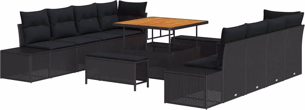 Set Divano da Giardino con cuscino 11 pcs Nero polyrattan