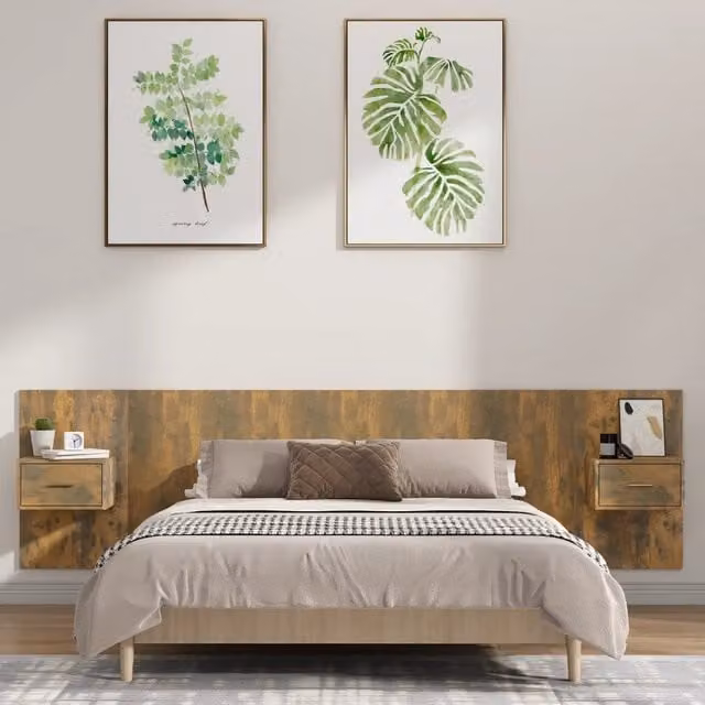 Testiera Letto con Comodini-Testiera con Contenitore in Legno Multistrato Rovere Fumo 319405