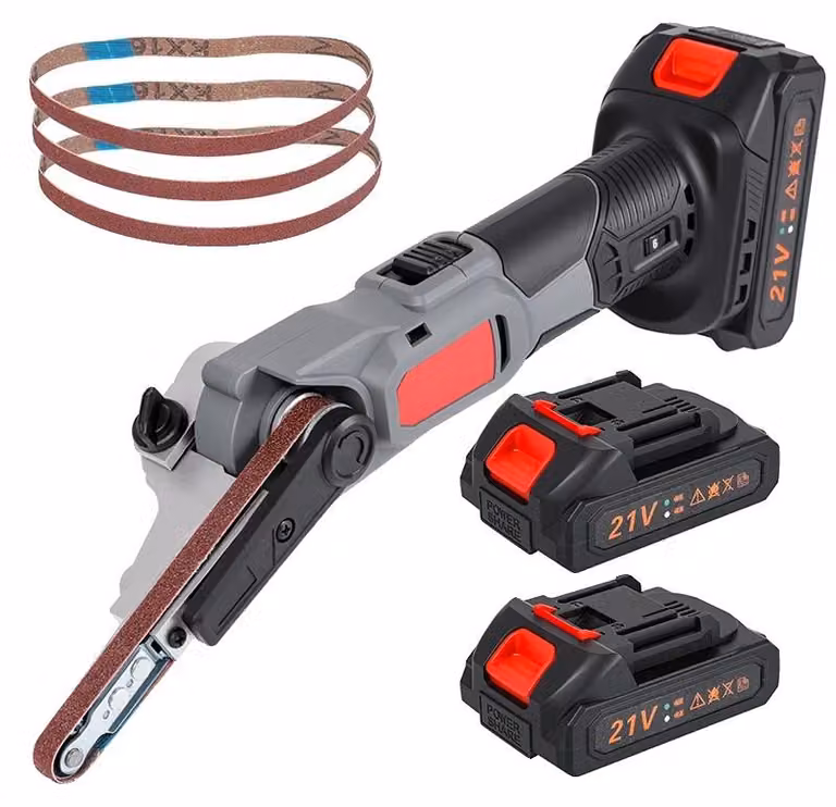 Smerigliatrice a nastro portatile a batteria, con controllo della velocità su 6 livelli, design compatto. Include 2 batterie