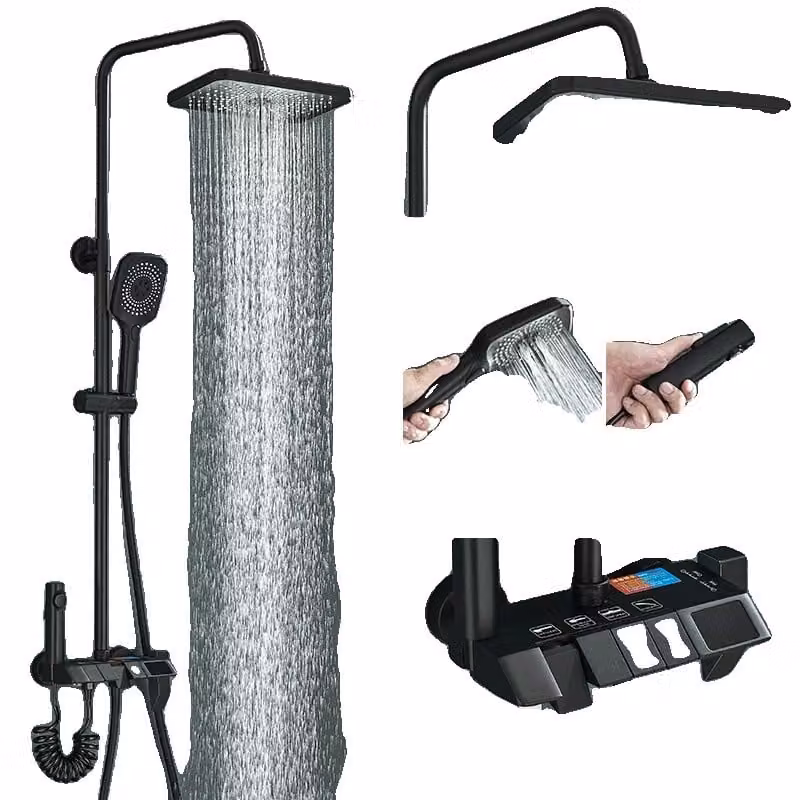 Sistema di doccia moderno, con controllo versatile della temperatura, display digitale, design elegante, colore nero