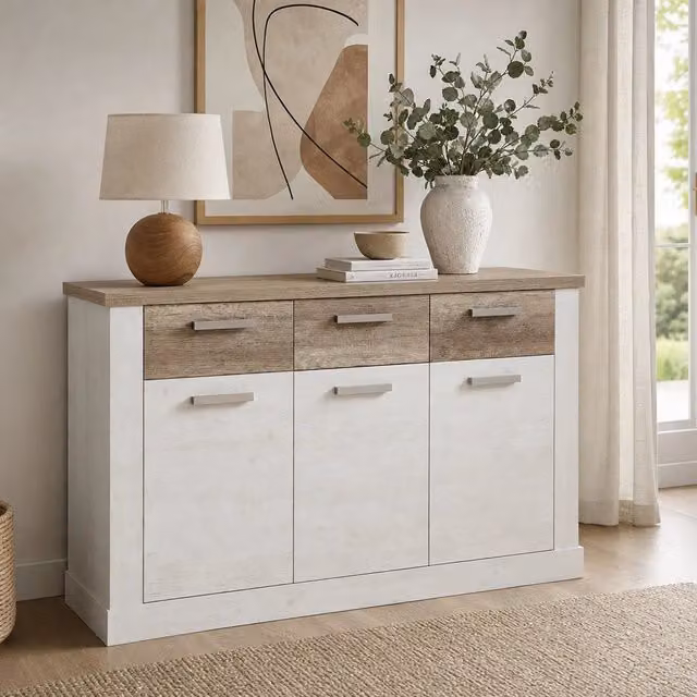 Madia Flux 3 ante e 3 cassetti 140 cm pino bianco con top rovere antico