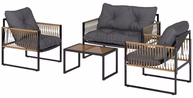 Set da giardino Outsunny, composto da 4 pezzi, in rattan, con cuscini, struttura in acciaio, colore marrone
