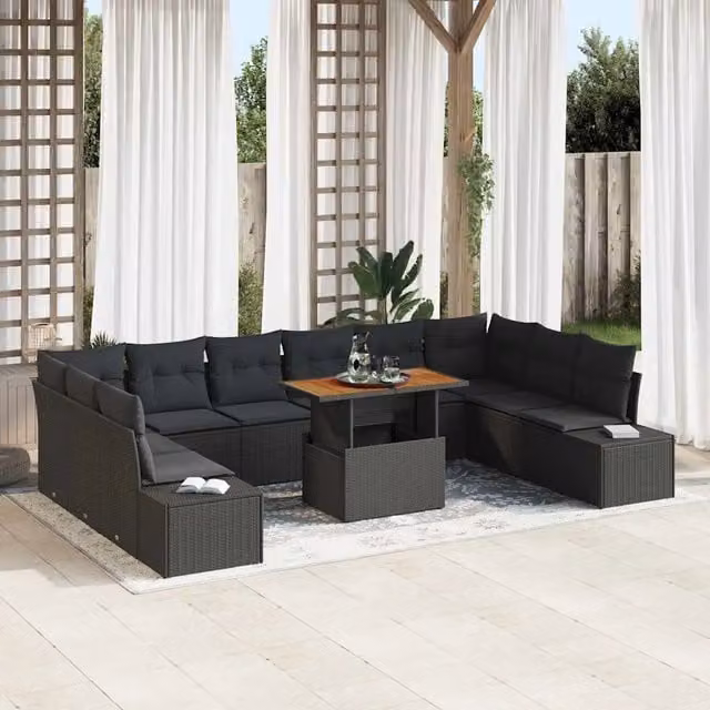 Set Divano da Giardino a Forma di U con 11 Pezzi vidaXL Nero in Rattan e Metallo con Cuscini Inclusi – 1