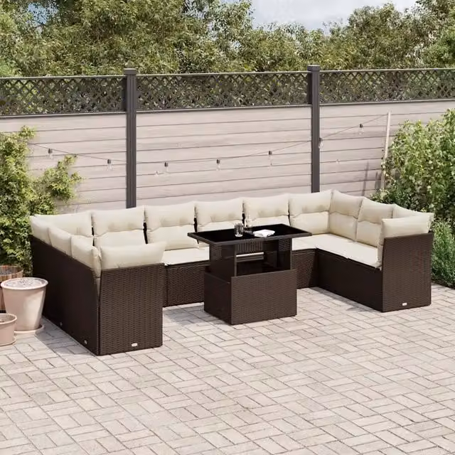 Set Divani da Giardino 11 pz con Cuscini Polyrattan Marrone 3266863