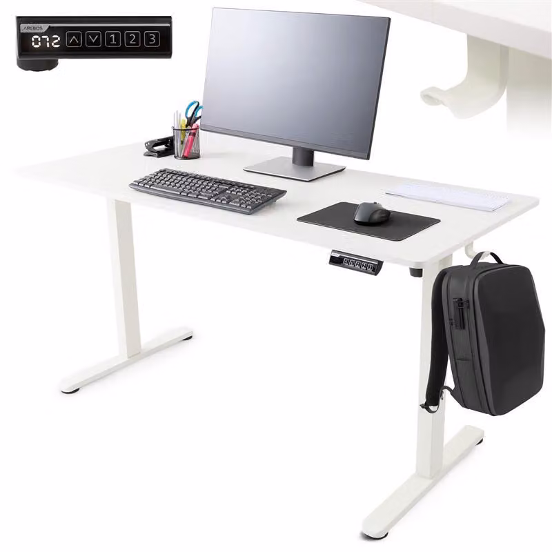 Scrivania AREBOS regolabile elettricamente in altezza 140x60 cm | funzione memoria, bianco