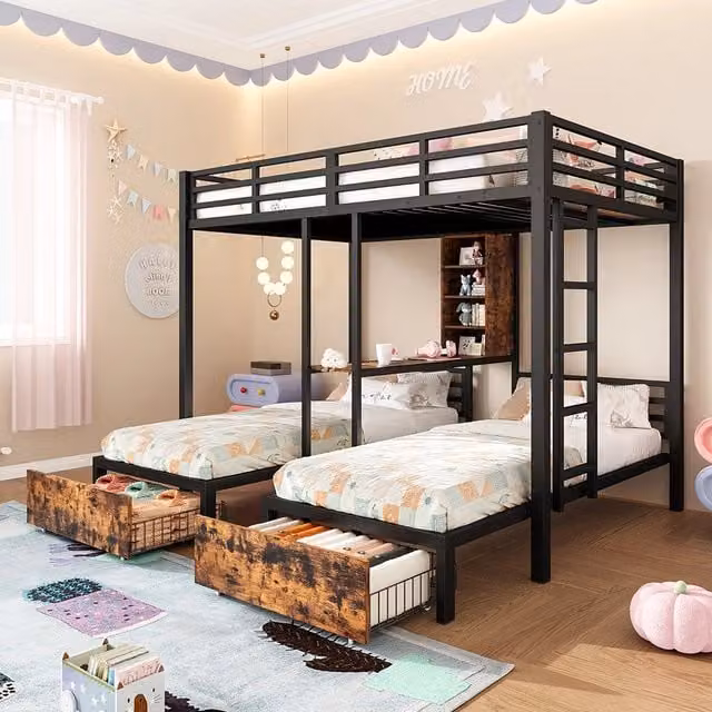 Letto a castello-Xylo-140x200+90x200 cm-3 posti, barriere, contenitori, cassetti, nero