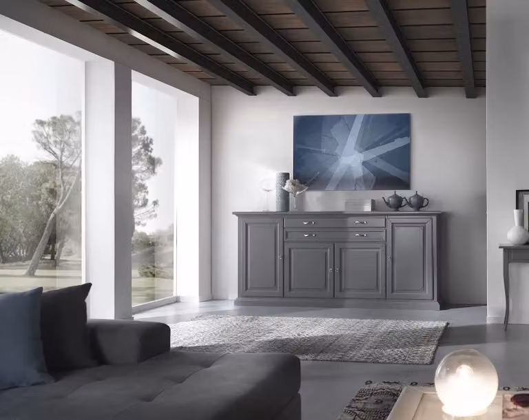 Madia credenza in legno massello a 4 ante Mobili 2G grigio opaco L: 245 cm, P: 52 cm, H: 110 cm